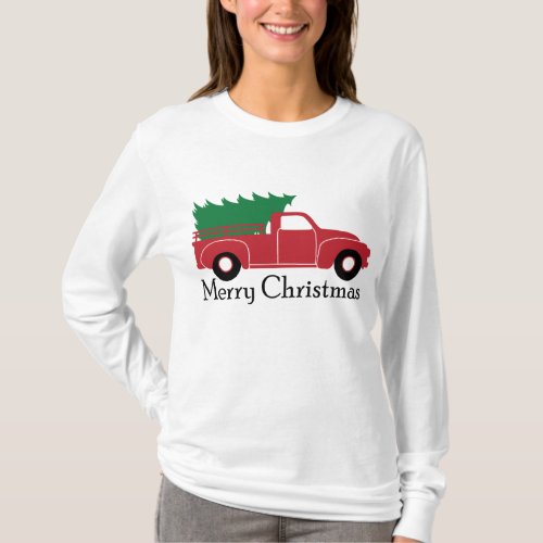 Christmas Tree Farm Red Vintage Truck Merry Christ T_Shirt