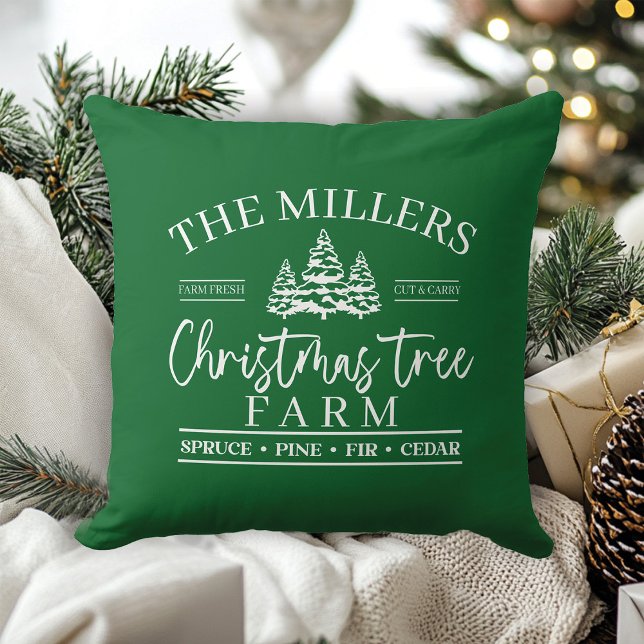 Christmas Tree Farm  Throw Pillow (Custom Family Name Christmas Tree Farm Throw Pillow)