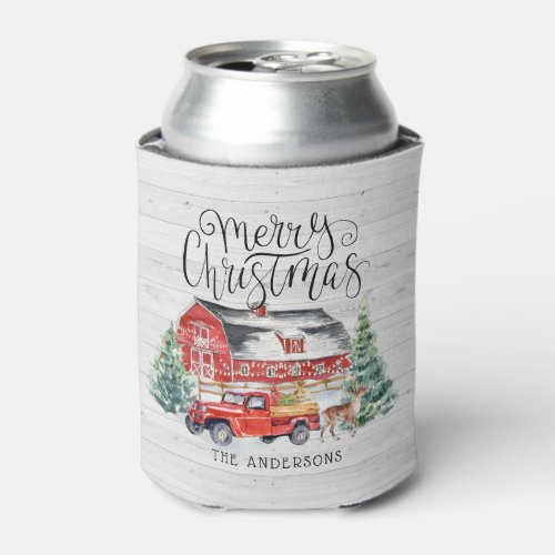 Christmas Tree Farm  Vintage Red Truck Can Cooler