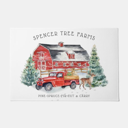 Christmas Tree Farm  Vintage Red Truck Doormat
