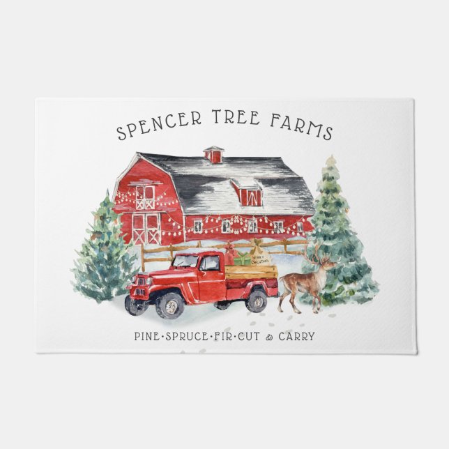 Christmas Tree Farm | Vintage Red Truck Doormat (Front)