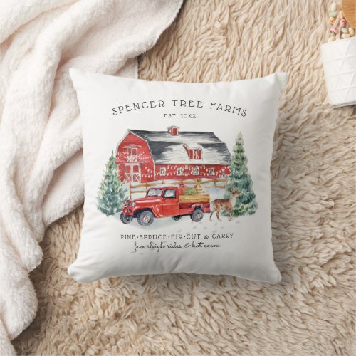 Christmas Tree Farm  Vintage Red Truck Throw Pillow