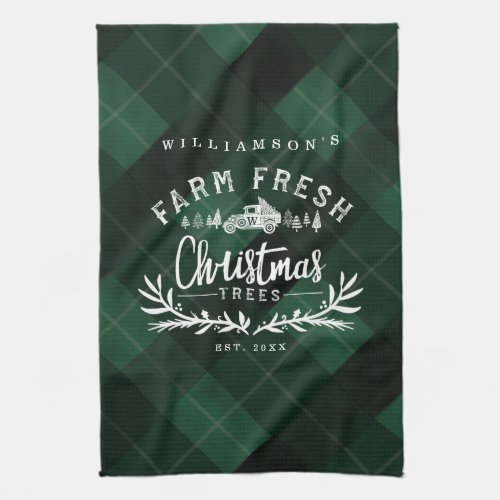 Christmas Tree Farm Vintage Truck Green Plaid Kitchen Towel