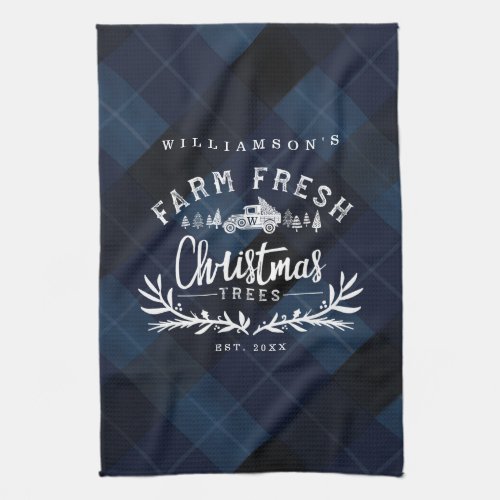 Christmas Tree Farm Vintage Truck Navy Blue Plaid Kitchen Towel