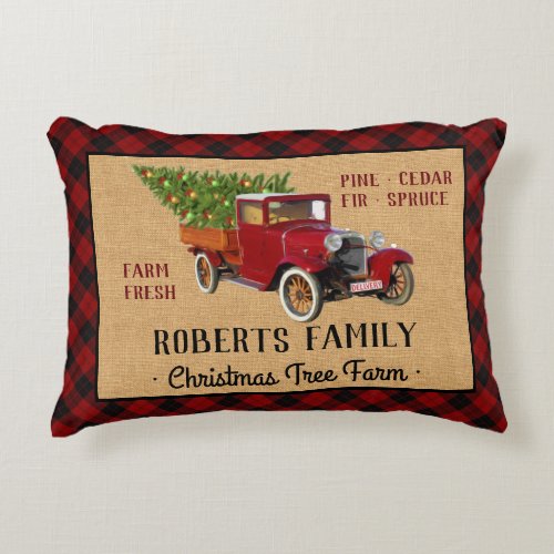 Christmas Tree Farm Vintage Truck Red Plaid Rustic Accent Pillow