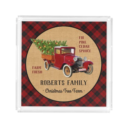 Christmas Tree Farm Vintage Truck Red Plaid Rustic Acrylic Tray