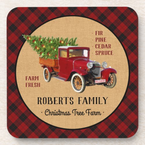 Christmas Tree Farm Vintage Truck Red Plaid Rustic Beverage Coaster