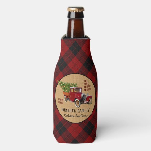 Christmas Tree Farm Vintage Truck Red Plaid Rustic Bottle Cooler