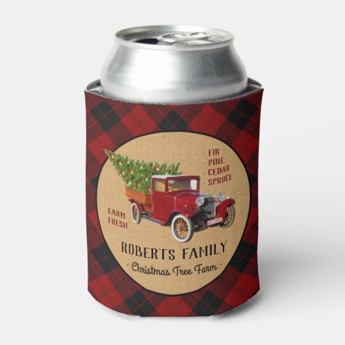 Christmas Tree Farm Vintage Truck Red Plaid Rustic Can Cooler