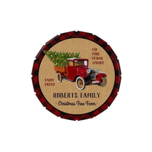Christmas Tree Farm Vintage Truck Red Plaid Rustic Candy Tin