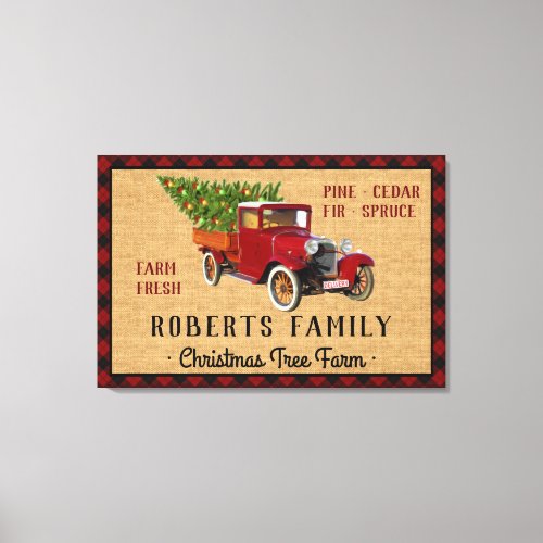 Christmas Tree Farm Vintage Truck Red Plaid Rustic Canvas Print