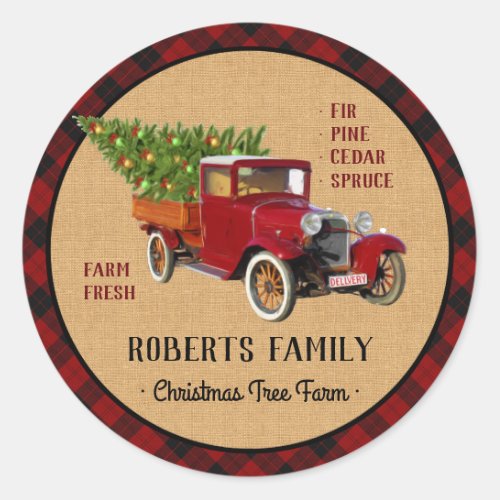 Christmas Tree Farm Vintage Truck Red Plaid Rustic Classic Round Sticker
