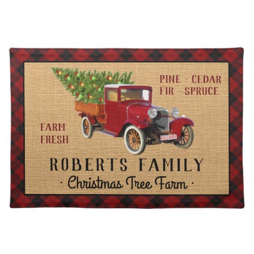 Christmas Tree Farm Vintage Truck Red Plaid Rustic Cloth Placemat