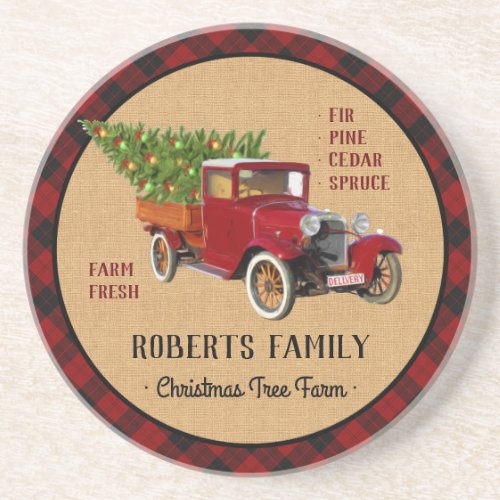 Christmas Tree Farm Vintage Truck Red Plaid Rustic Coaster