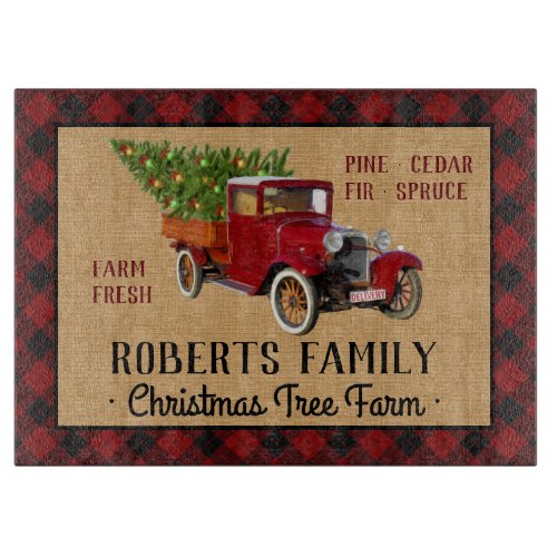 Christmas Tree Farm Vintage Truck Red Plaid Rustic Cutting Board