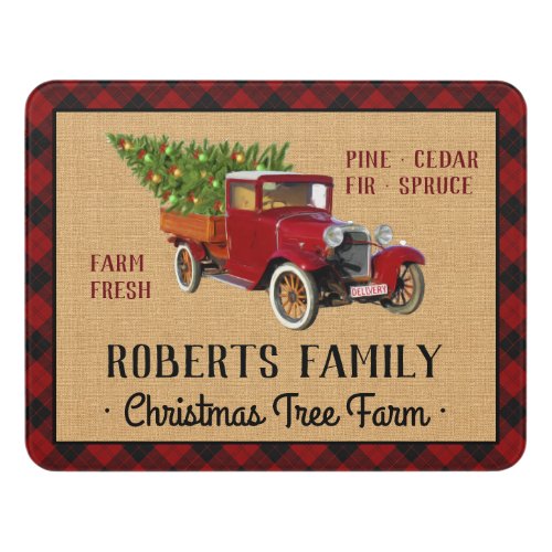 Christmas Tree Farm Vintage Truck Red Plaid Rustic Door Sign