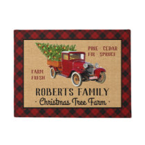 Christmas Tree Farm Vintage Truck Red Plaid Rustic Doormat