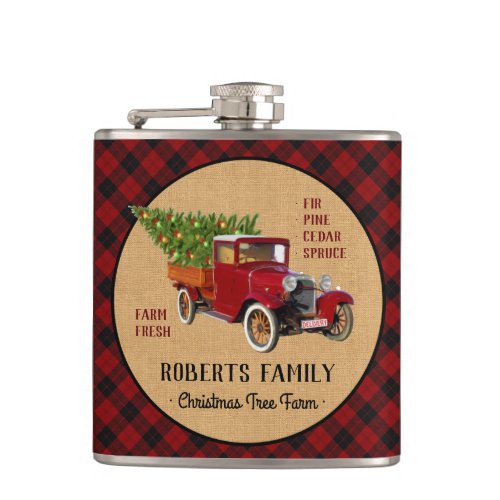 Christmas Tree Farm Vintage Truck Red Plaid Rustic Flask