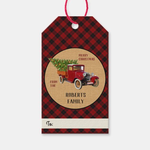 Christmas Tree Farm Vintage Truck Red Plaid Rustic Gift Tags