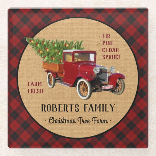 Christmas Tree Farm Vintage Truck Red Plaid Rustic Glass Coaster