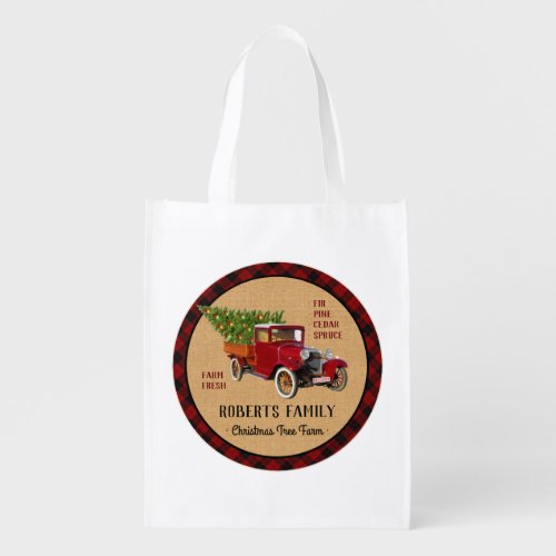 Christmas Tree Farm Vintage Truck Red Plaid Rustic Grocery Bag