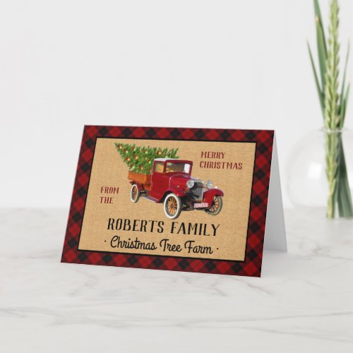 Christmas Tree Farm Vintage Truck Red Plaid Rustic Holiday Card
