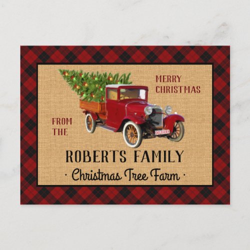 Christmas Tree Farm Vintage Truck Red Plaid Rustic Holiday Postcard