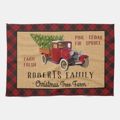 Christmas Tree Farm Vintage Truck Red Plaid Rustic Kitchen Towel