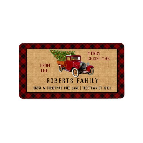 Christmas Tree Farm Vintage Truck Red Plaid Rustic Label