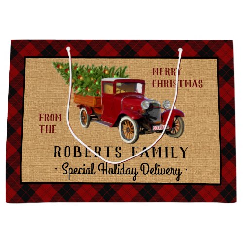 Christmas Tree Farm Vintage Truck Red Plaid Rustic Large Gift Bag