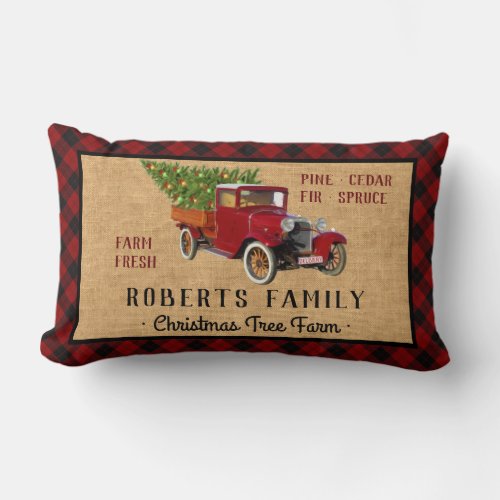 Christmas Tree Farm Vintage Truck Red Plaid Rustic Lumbar Pillow