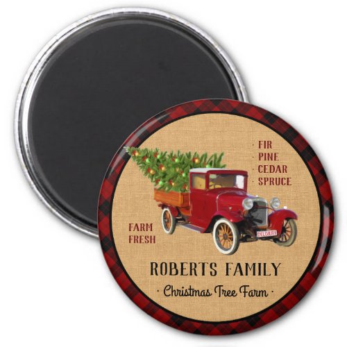 Christmas Tree Farm Vintage Truck Red Plaid Rustic Magnet