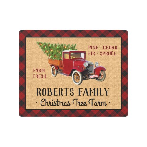 Christmas Tree Farm Vintage Truck Red Plaid Rustic Metal Print