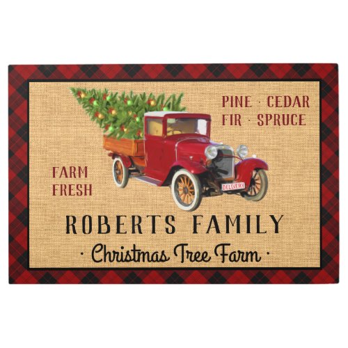 Christmas Tree Farm Vintage Truck Red Plaid Rustic Metal Print