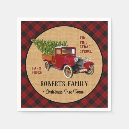 Christmas Tree Farm Vintage Truck Red Plaid Rustic Napkins