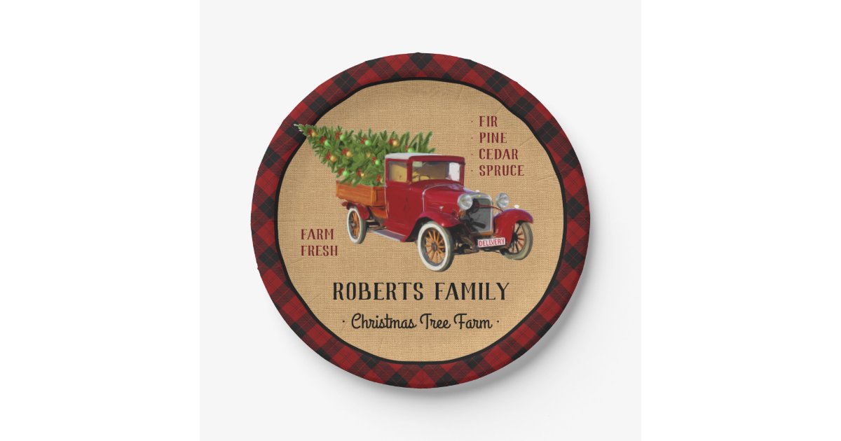 Christmas Tree Farm Vintage Truck Red Plaid Rustic Paper Plate | Zazzle.com