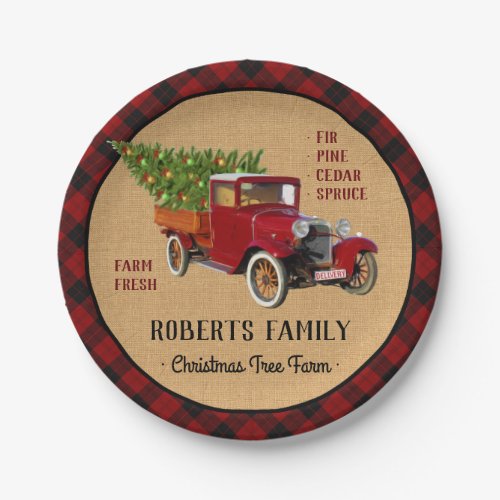 Christmas Tree Farm Vintage Truck Red Plaid Rustic Paper Plates