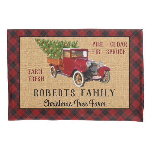 Christmas Tree Farm Vintage Truck Red Plaid Rustic Pillow Case