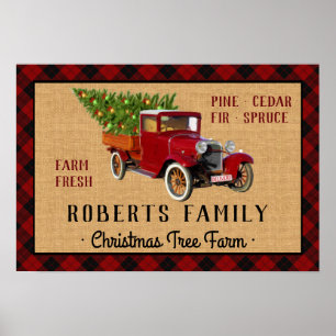 Christmas Tree Farm Vintage Truck Red Plaid Rustic Poster