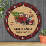 Christmas Tree Farm Vintage Truck Red Plaid Rustic Round Clock<br><div class="desc">Vintage red truck with painted look and Christmas tree design | Rustic farmhouse look with red buffalo plaid and faux burlap | Personalized tree farm</div>
