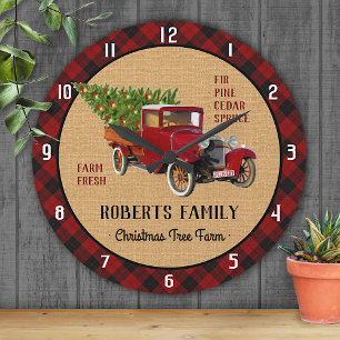 Christmas Tree Farm Vintage Truck Red Plaid Rustic Round Clock