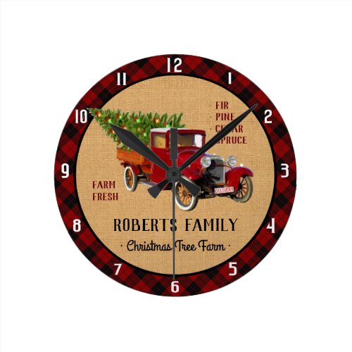 Christmas Tree Farm Vintage Truck Red Plaid Rustic Round Clock