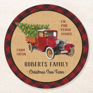 Christmas Tree Farm Vintage Truck Red Plaid Rustic Round Paper Coaster