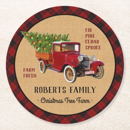 Christmas Tree Farm Vintage Truck Red Plaid Rustic Round Paper Coaster