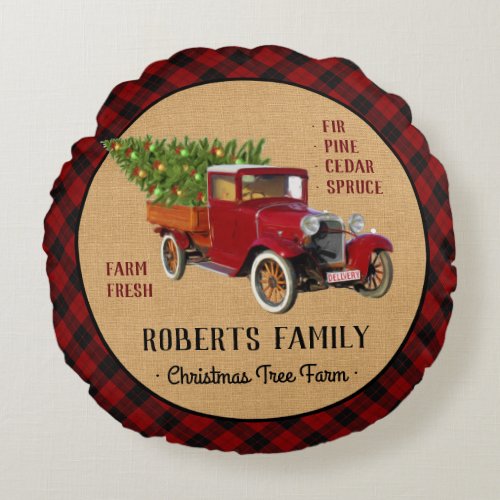 Christmas Tree Farm Vintage Truck Red Plaid Rustic Round Pillow