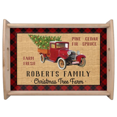 Christmas Tree Farm Vintage Truck Red Plaid Rustic Serving Tray