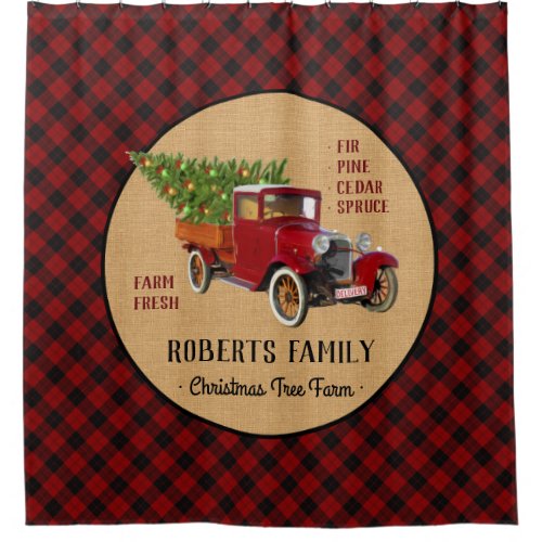 Christmas Tree Farm Vintage Truck Red Plaid Rustic Shower Curtain