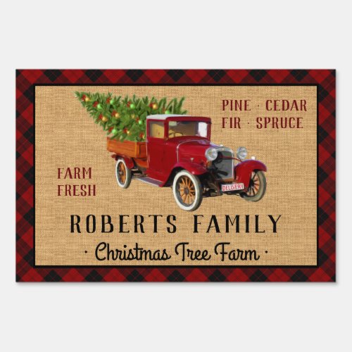Christmas Tree Farm Vintage Truck Red Plaid Rustic Sign