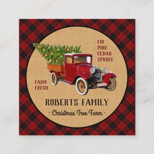 Christmas Tree Farm Vintage Truck Red Plaid Rustic Square Business Card