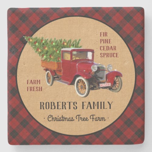 Christmas Tree Farm Vintage Truck Red Plaid Rustic Stone Coaster